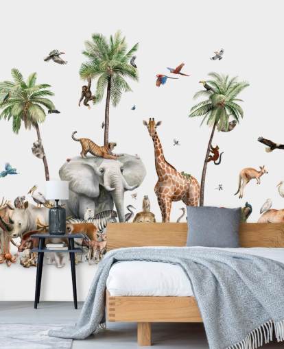 wild animals under palm trees wallpaper