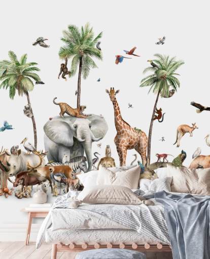 wild animals under palm trees wallpaper