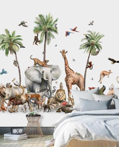 wild animals under palm trees wallpaper