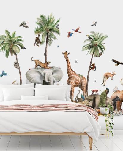 wild animals under palm trees wallpaper