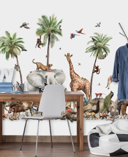 wild animals under palm trees wallpaper