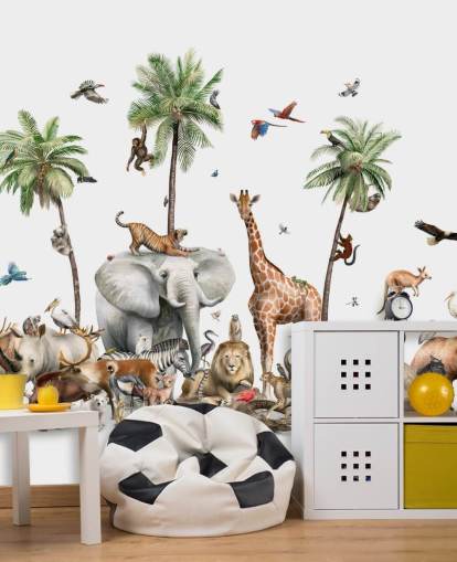 wild animals under palm trees wallpaper