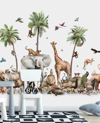 wild animals under palm trees wallpaper