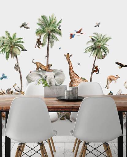 behang wilde dieren onder palmbomen