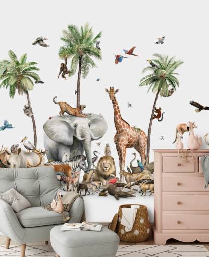 wild animals under palm trees wallpaper