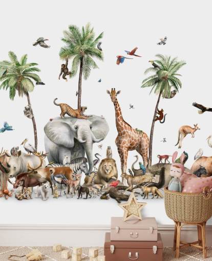 behang wilde dieren onder palmbomen