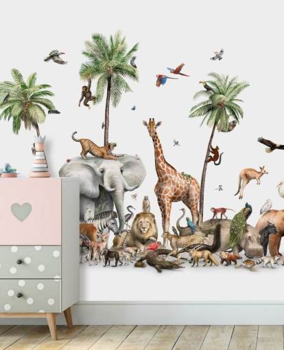 wild animals under palm trees wallpaper