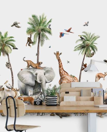 wild animals under palm trees wallpaper