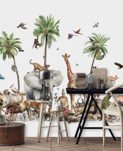 wild animals under palm trees wallpaper