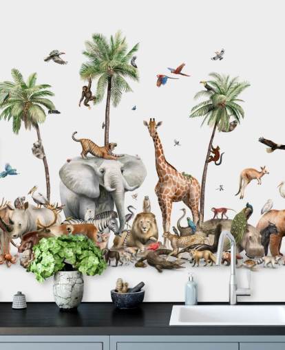 wild animals under palm trees wallpaper