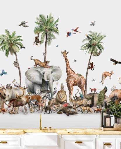 wild animals under palm trees wallpaper