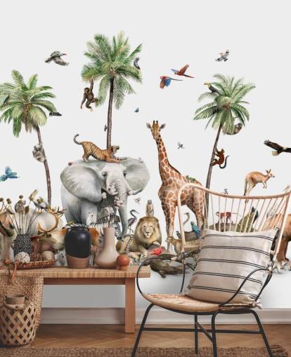 wild animals under palm trees wallpaper