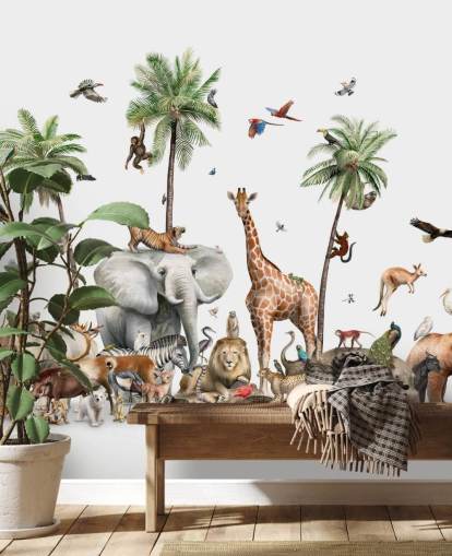 wild animals under palm trees wallpaper