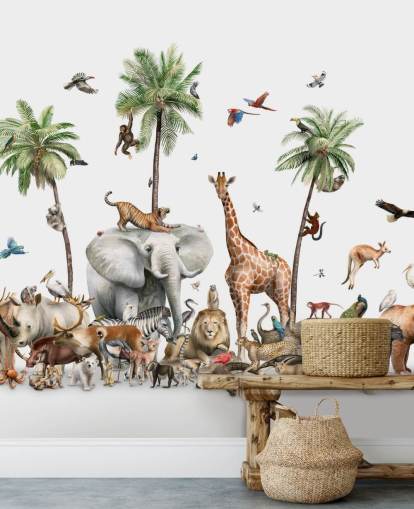 wild animals under palm trees wallpaper