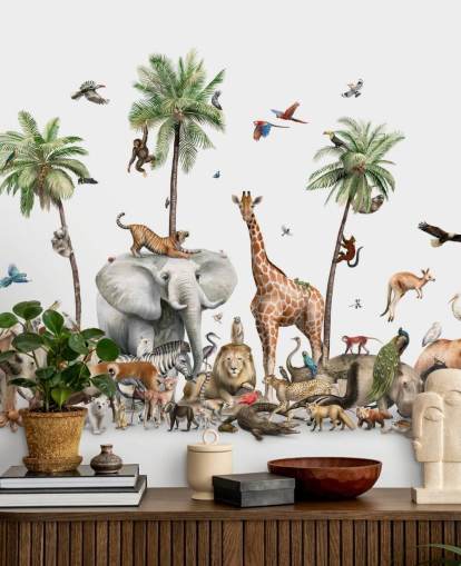 wild animals under palm trees wallpaper