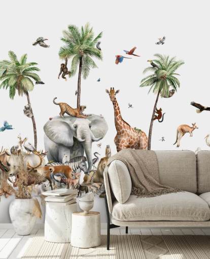 wild animals under palm trees wallpaper