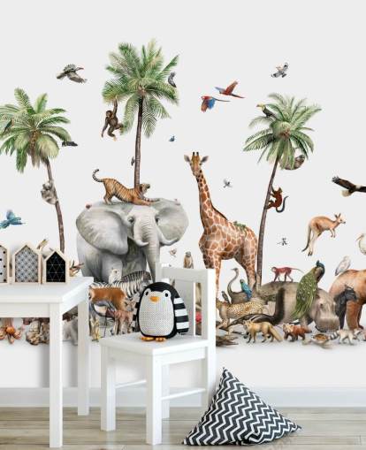 wild animals under palm trees wallpaper