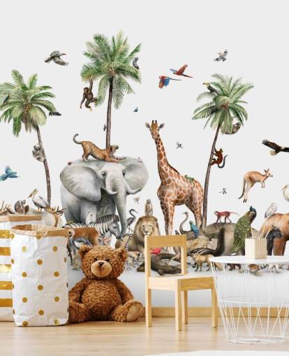 wild animals under palm trees wallpaper