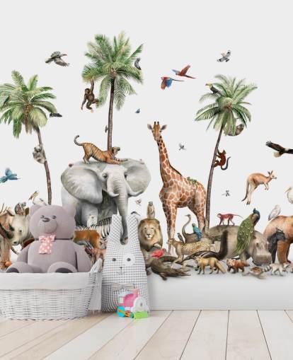 wild animals under palm trees wallpaper