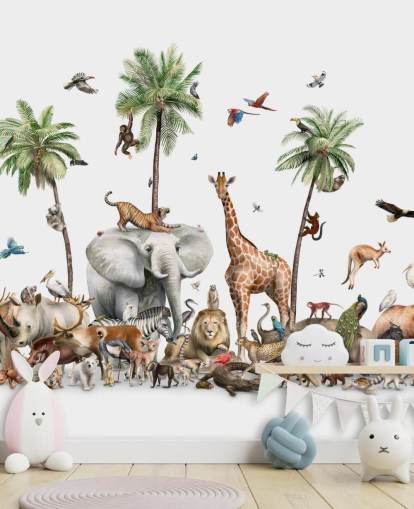 wild animals under palm trees wallpaper