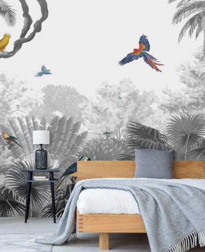 schwarz-weißer Dschungel mit bunter Vogel-Tapete schwarz-weißer Dschungel mit bunter Vogel-Tapete