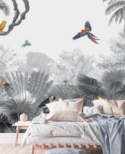 schwarz-weißer Dschungel mit bunter Vogel-Tapete