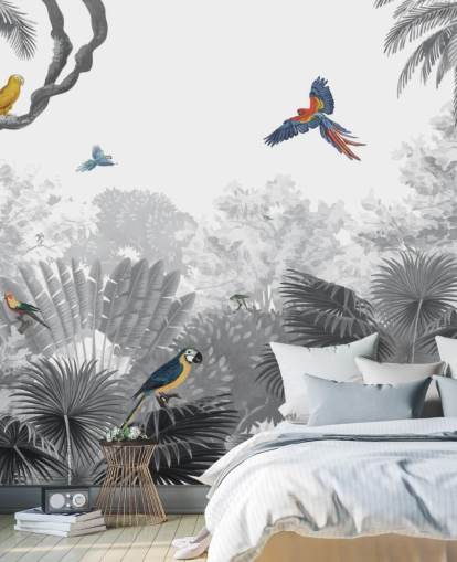 fondo de pantalla de jungla en blanco y negro con pájaros de colores