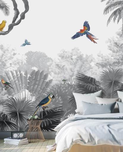 sort og hvid jungle med farverige fugle tapet