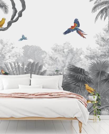 zwart-witte jungle met kleurrijk vogelbehang