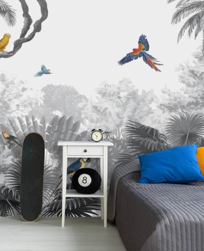 fondo de pantalla de jungla en blanco y negro con pájaros de colores