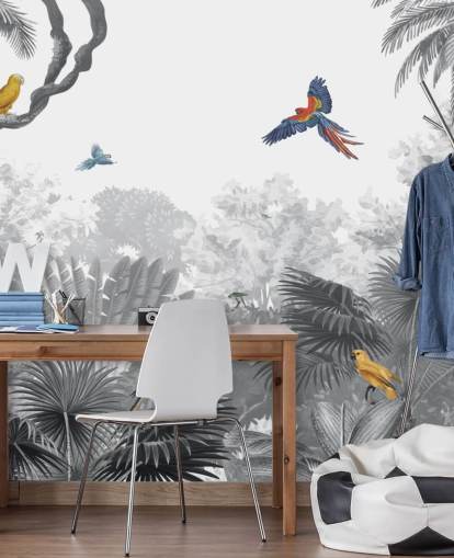 papel de parede de selva preto e branco com pássaros coloridos papel de parede de selva preto e branco com pássaros coloridos