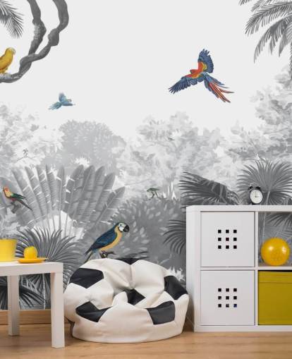 fondo de pantalla de jungla en blanco y negro con pájaros de colores