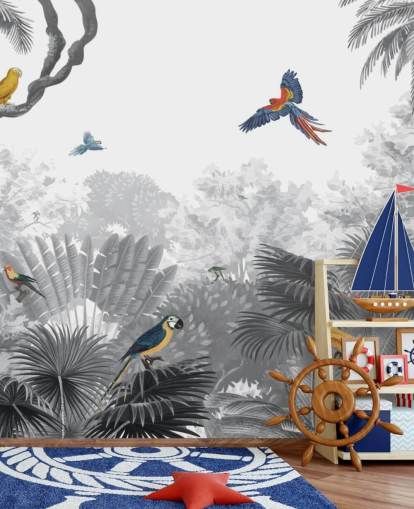 black and white jungle with colourful birds wallpaper black and white jungle with colourful birds wallpaper