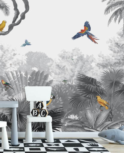 zwart-witte jungle met kleurrijk vogelbehang