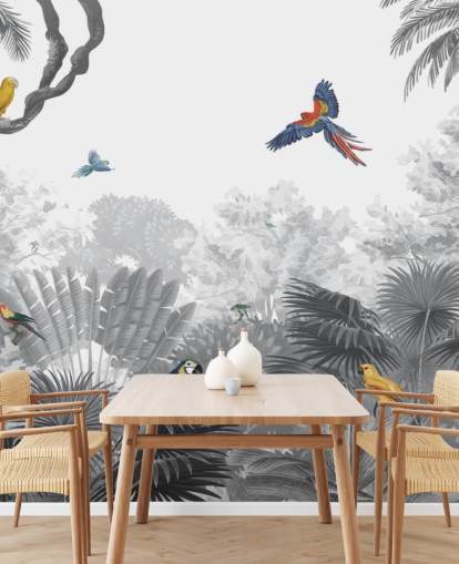 black and white jungle with colourful birds wallpaper