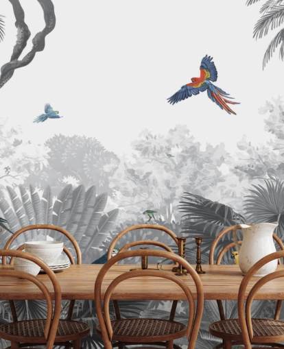 papel de parede de selva preto e branco com pássaros coloridos papel de parede de selva preto e branco com pássaros coloridos