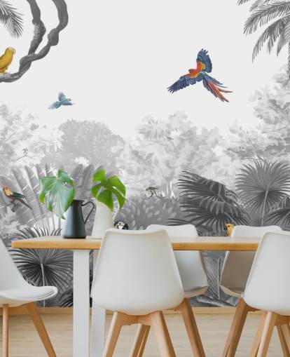 zwart-witte jungle met kleurrijk vogelbehang