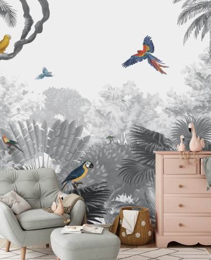 svart og hvit jungel med fargerike fugler tapet