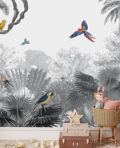 black and white jungle with colourful birds wallpaper
