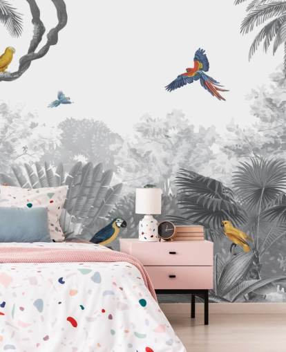 papier peint jungle noire et blanche avec oiseaux colorés