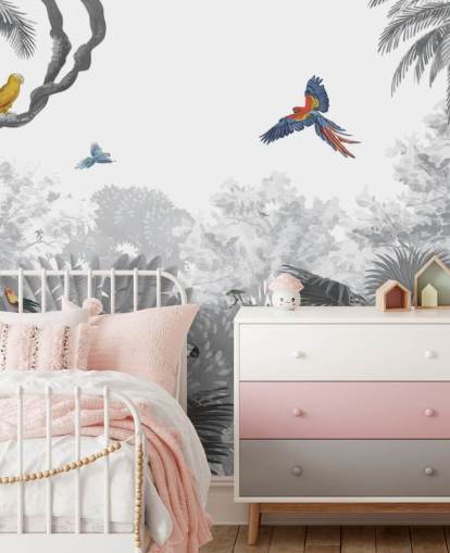 black and white jungle with colourful birds wallpaper