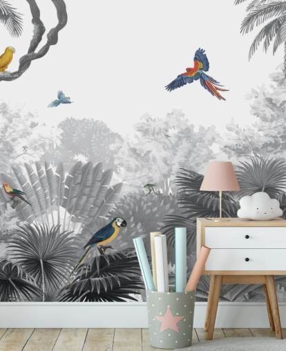 black and white jungle with colourful birds wallpaper black and white jungle with colourful birds wallpaper