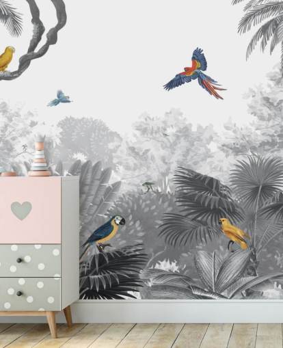 fondo de pantalla de jungla en blanco y negro con pájaros de colores