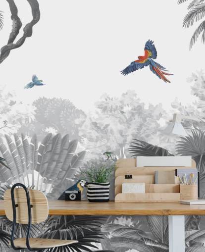 zwart-witte jungle met kleurrijk vogelbehang zwart-witte jungle met kleurrijk vogelbehang