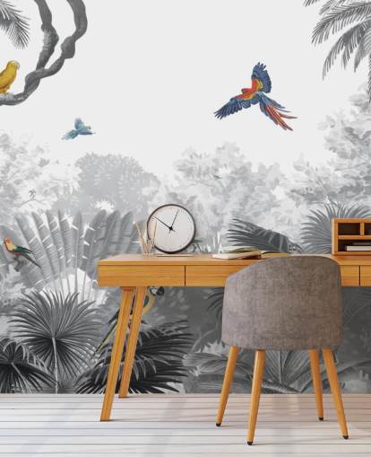 black and white jungle with colorful birds wallpaper black and white jungle with colorful birds wallpaper