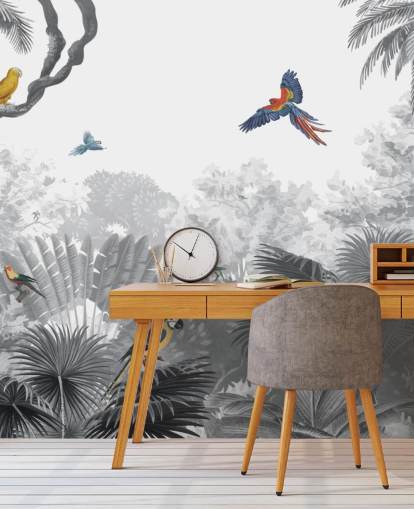 zwart-witte jungle met kleurrijk vogelbehang zwart-witte jungle met kleurrijk vogelbehang