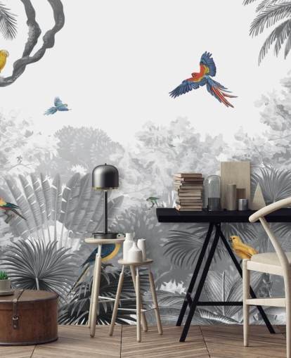 zwart-witte jungle met kleurrijk vogelbehang