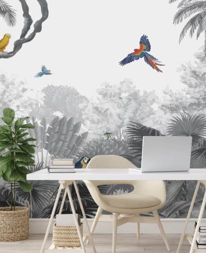 black and white jungle with colourful birds wallpaper