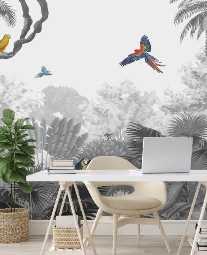 fondo de pantalla de jungla en blanco y negro con pájaros de colores