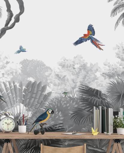 schwarz-weißer Dschungel mit bunter Vogel-Tapete